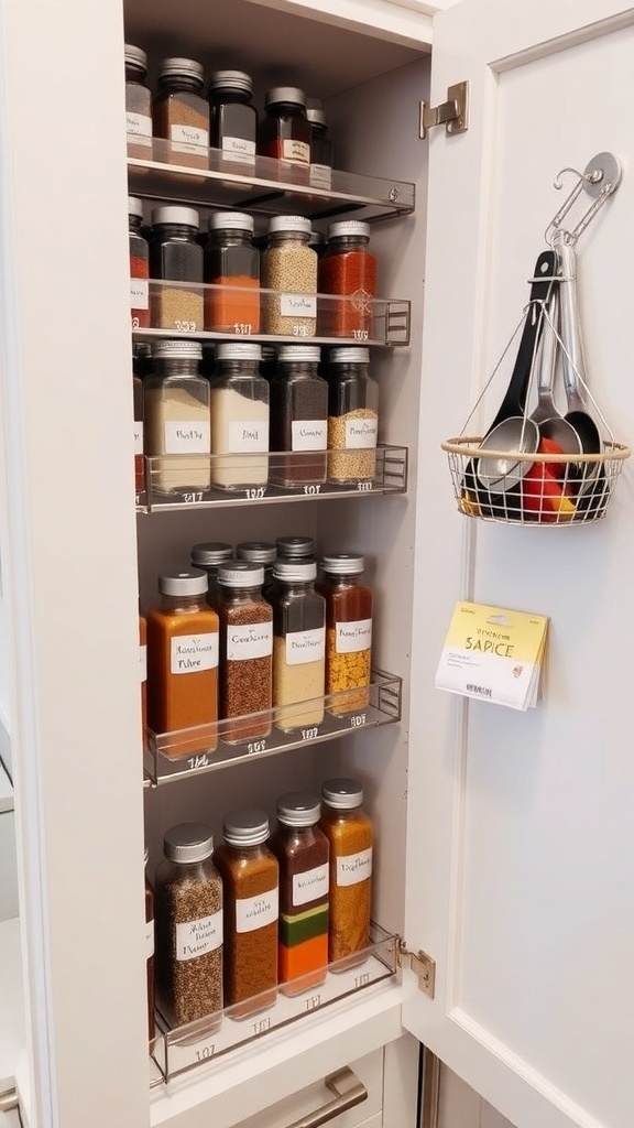 An organized spice cabinet with clear jars, labeled spices, and tiered racks.